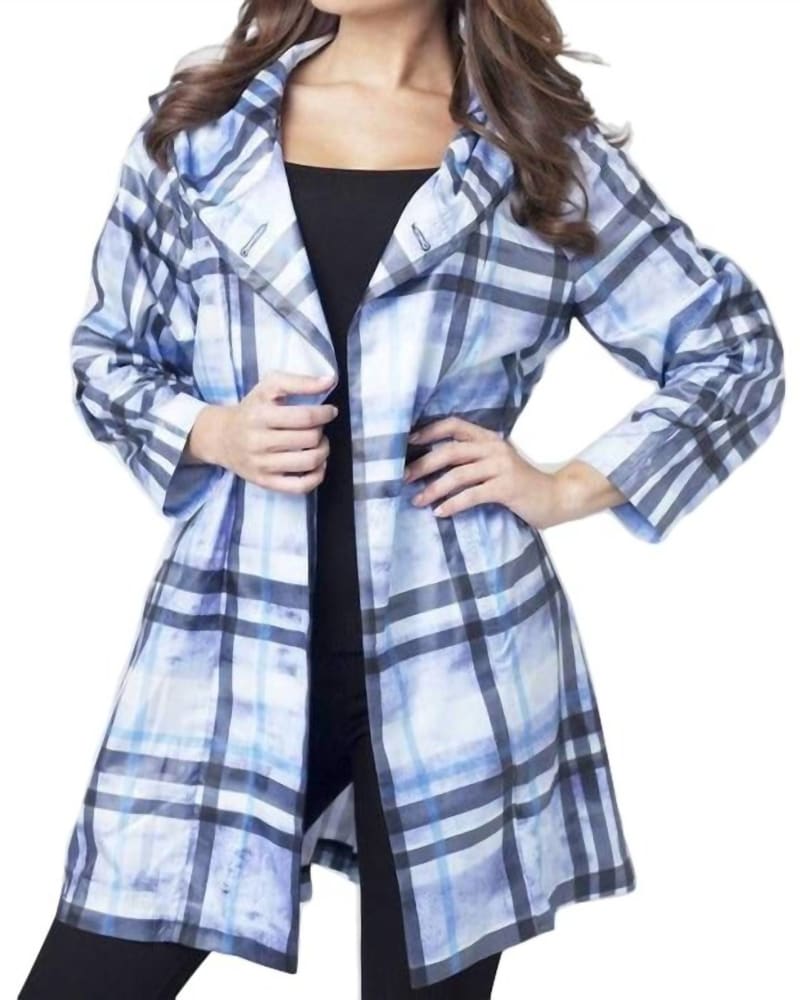 Front of a model wearing a size 2X Plaid Side Button Long Hooded Rain Jacket in Lavender Multi in Lavender Multi by ANGEL. | dia_product_style_image_id:326113